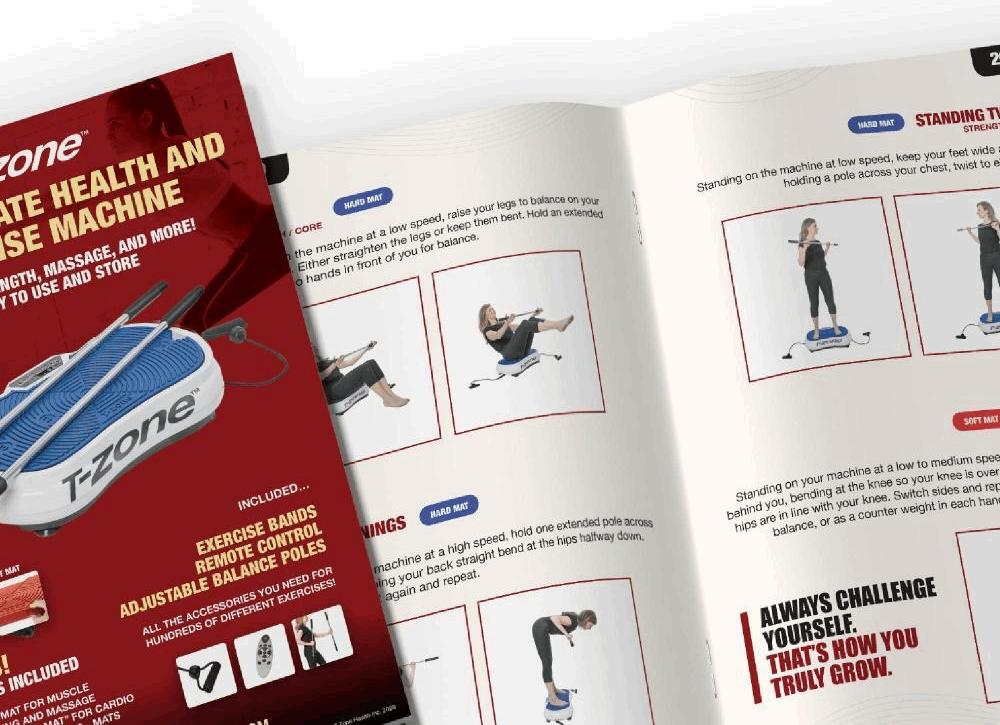 T-Zone HE-90 Vibration Plate Exercise Machine with accessories including balance poles and mats, showcasing its compact design and user-friendly interface.